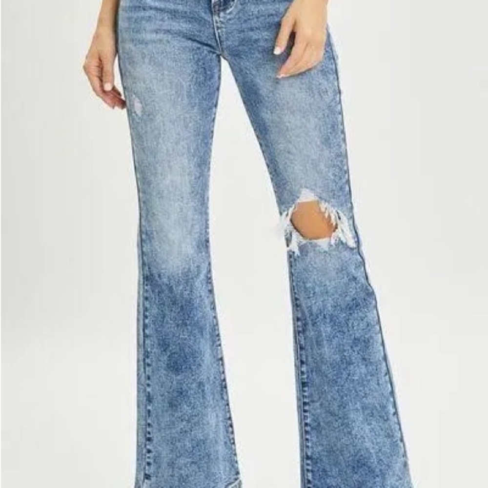 Risen High Rise Acid Washed Distressed Flare size 7/28
